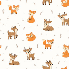 Obraz premium Cute foxes and reindeers doodles seamless pattern for nursery decor, kids apparel, textile prints, wallpapers, banners, stationery, wrapping paper, scrapbooking, etc. EPS 10