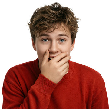 Teenager boy mouth hand caucasian teenage boy cupping his mouth in an eager expression isolated on a transparent background