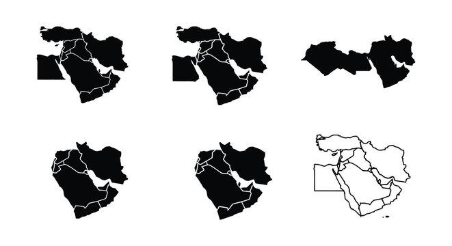 Middle east map silhouettes collection flat vector graphic on white background