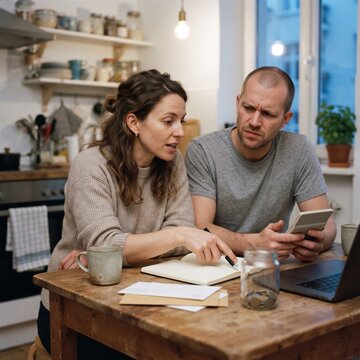 A couple sits at a kitchen table reviewing household finances together, using a calculator and notebook while coins collect in a glass jar nearby.
