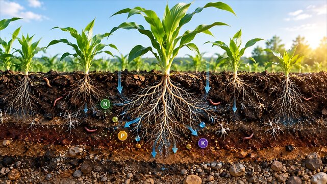 Corn Plant Root System in Soil Showing Nitrogen Phosphorus and Potassium Nutrient Absorption.