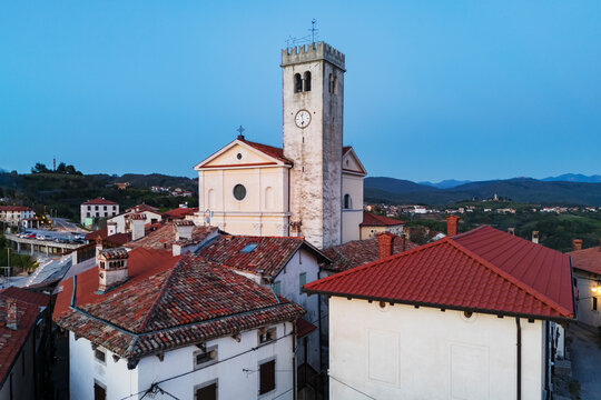 Parish church of st. martin clock tower at Dusk in &Scaron;martno, Slovenia