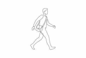Fototapeta premium Minimalist continuous line drawing of man walking with bag.