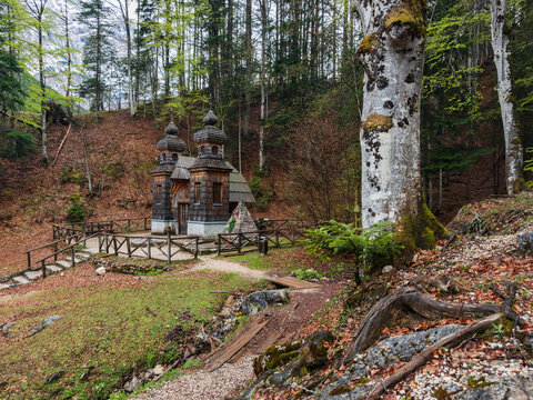 Wooden russian orthodox chapel in forest clearing on vr&scaron;ič pass