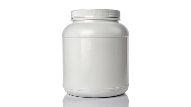 Blank white plastic protein powder jar container isolated on transparent background