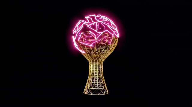 Abstract glowing pink brain tree with golden base on black background in cinematic motion