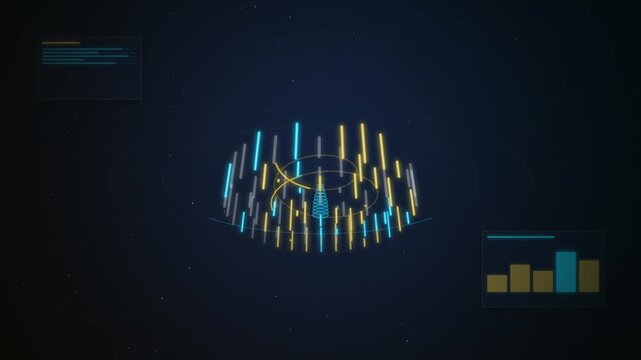 Digital data visualization with glowing circular bar charts and analytical interface elements