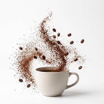 Ground coffee and whole beans explode upwards from a light-colored ceramic mug, creating a dynamic swirl.
