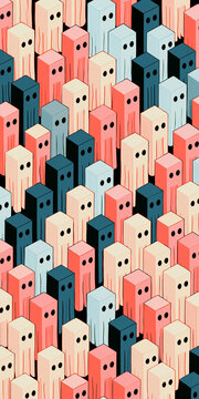 Cute Isometric Geometric Ghosts Seamless Pattern Illustration. Whimsical, colorful, and trendy character pattern for modern stationery, phone cases, and playful textile design.