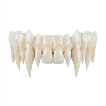 Pointed Vampire Fangs and Monster Teeth Set Isolated on White. Fearsome, predatory, and hyperrealistic creature fangs for special effects references, horror films, and game design.