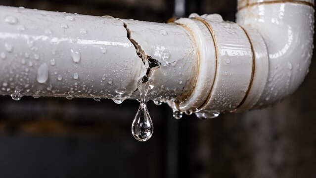 Cracked white plastic pipe leaking small drips of water, indicating plumbing problems indoors.