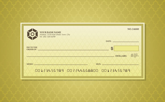 Blank bank check. Checkbook cheque template. Checkbook cheque template with yellow color theme. Money payment voucher or pay cash cheque certificate.
