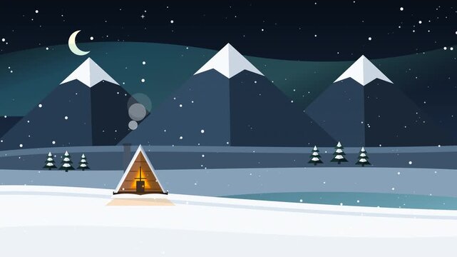 Minimalist flat design winter landscape with cozy cabin