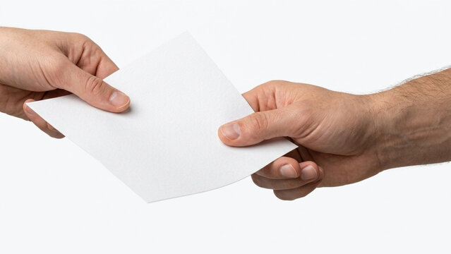 Person handing a blank white paper to another person on white background