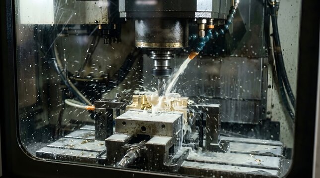Industrial cnc milling machine cutting brass metal part with liquid coolant spray during a high speed precision manufacturing factory process