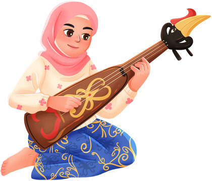 Girl Student Playing Traditional Kecapi Illustration
