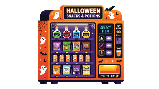 Spooky halloween vending machine vector illustration featuring colorful snacks potions and ghost decorations in bright orange