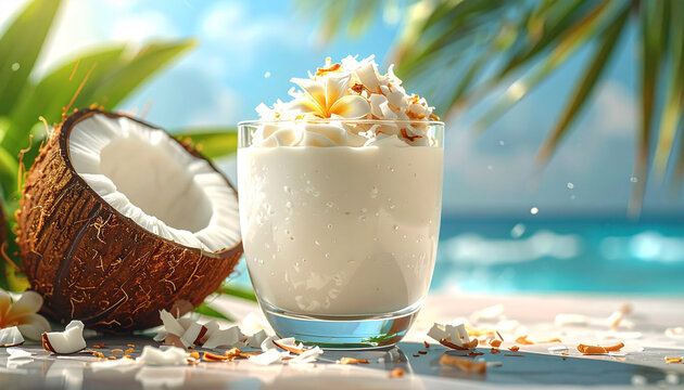 Coconut yogurt macro in tropical branding style with creamy texture