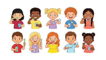 Fototapeta premium Multicultural children character bundle practicing daily oral health care habits with toothbrushes toothpaste and clean mouthwash bottles