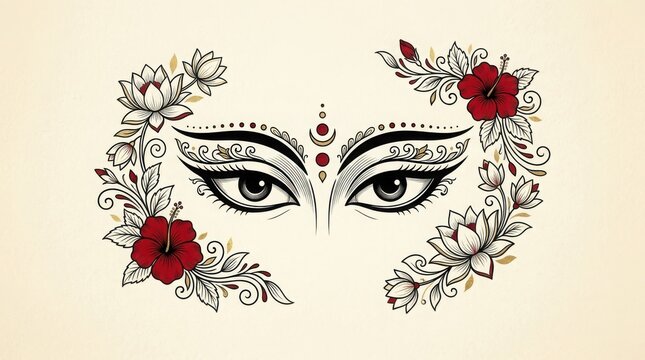 Stylized goddess eyes with floral ornaments and traditional bindi design