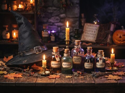 Witch hat and labeled potion bottles with lit candles on a rustic wooden table for Halloween decor
