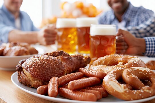 Roasted pork knuckle with sausages and pretzels traditional restaurant