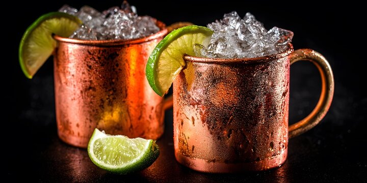 Two copper mugs filled with ice and lime wedges sit against a dark background.