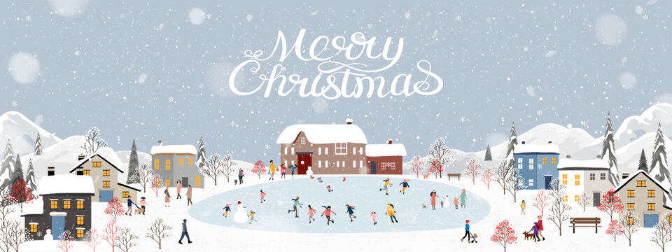 Christmas winter background, Snowy village, falling snow on blue sky, people ice skating, festive holiday landscape with houses, trees, mountains,Vector greeting card, illustration New Year banner