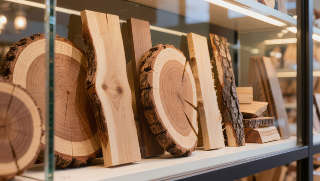 A close-up of various wooden cross-section slabs and logs with bark displayed on retail store shelves inside a timber processing and woodworking lumber industry showroom