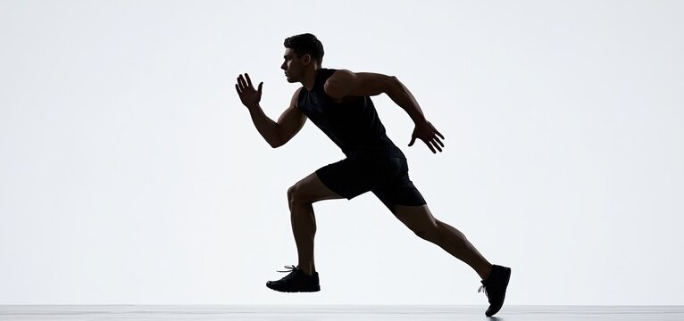 In a bright setting, a determined runner dashes forward, embodying drive and endurance for athletic promotion.