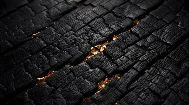 Close-up of charred black wood with glowing golden cracks and dramatic natural texture
