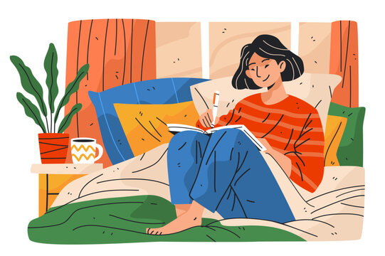Morning journaling in bed cozy home scene woman writing notebook surrounded by pillows plant coffee cup relaxing lifestyle colorful flat design