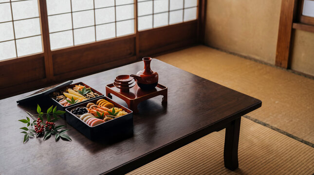 Japanese New Year osechi and red lacquer sake set on a low wooden table