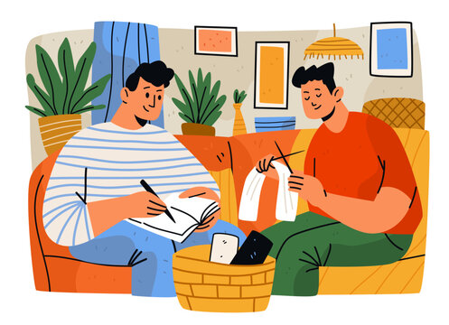 Quiet couple connection analog hobbies creative crafts cozy home scene with two people drawing and knitting plants background basket decor