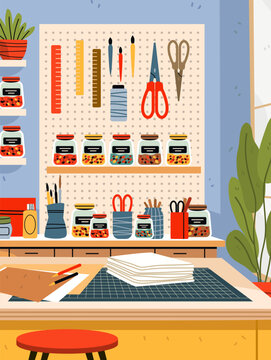 Craft studio storage wall creative hobby workspace organization with jars rulers scissors brushes cutting mat paper supplies indoor plants modern decor