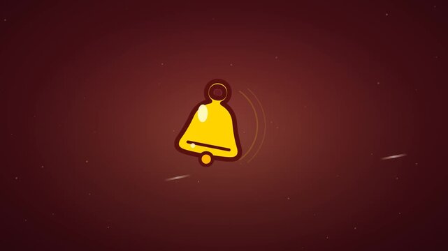 Flat 2D Christmas bell with ringing swing animation, sound waves festive background