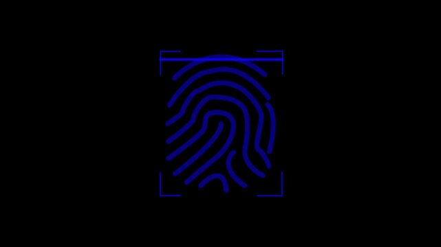Fingerprint scan display illuminates in blue to signify the rigorous process of biometric data analysis for high level security clearance and secure access to sensitive information in digital spaces.