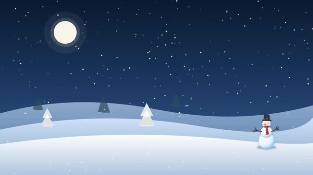 A motion graphics background serene winter landscape with gently falling snowflakes, shimmering stars, swaying pine trees, and a compact animated snowman