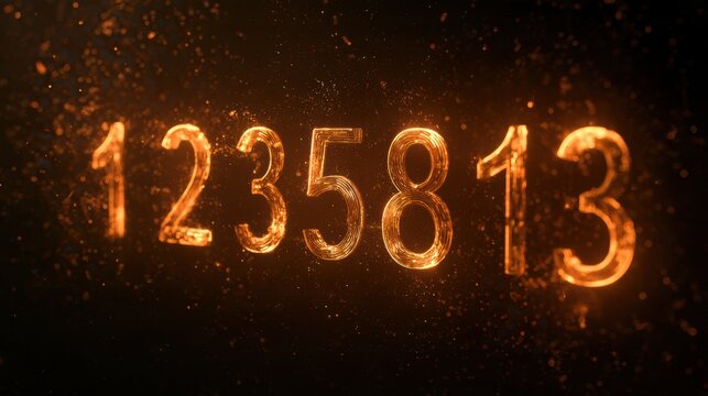 Glowing Fibonacci sequence numbers 1 1 2 3 5 8 13 appear in a dark space. This visual shows a mathematical pattern using amber colored light.