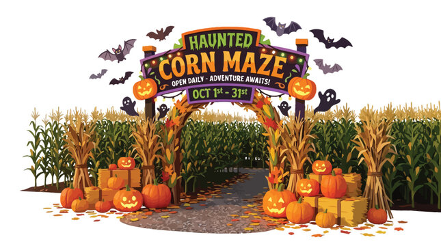 Haunted corn maze entrance sign featuring pumpkins and flying bats in colorful digital vector graphic illustration