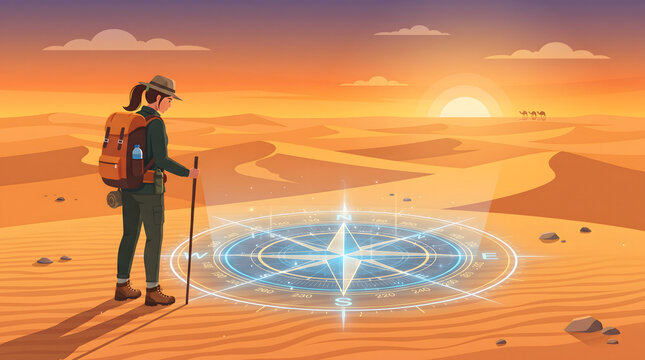 A beautiful vector style illustration of a female hiker standing in a vast desert landscape looking at a glowing holographic navigation compass