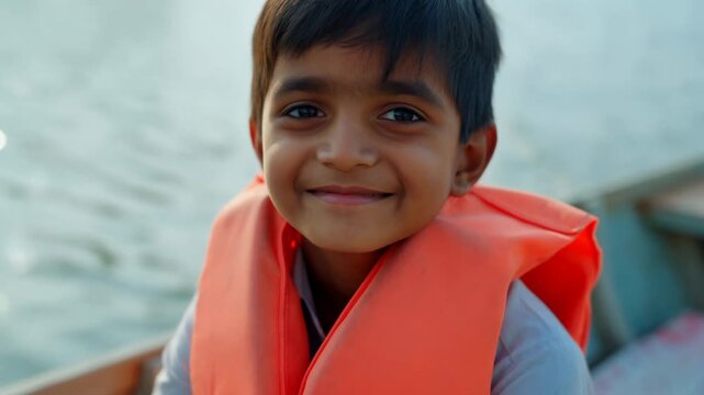 Smiling young boy sits in small boat wearing bright orange life jacket, looking directly at camera as calm water and boat interior form softly blurred outdoor background