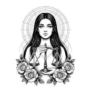 Beautiful woman portrait representing Libra zodiac sign, monochrome engraving style astrology illustration holding scales of justice with blooming roses isolated on white background.