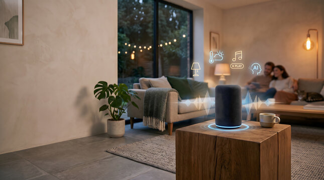 Smart speaker with glowing light ring in cozy living room, smart home AI voice assistant concept