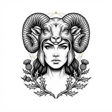 Beautiful woman portrait representing Aries zodiac sign, monochrome engraving style astrology illustration of female warrior in ram horn helmet isolated on white background.