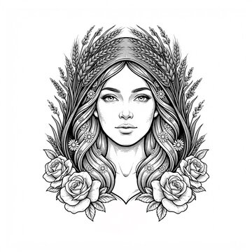 Beautiful woman portrait representing Virgo zodiac sign, monochrome engraving style astrology illustration of pure maiden with wheat harvest wreath isolated on white background.