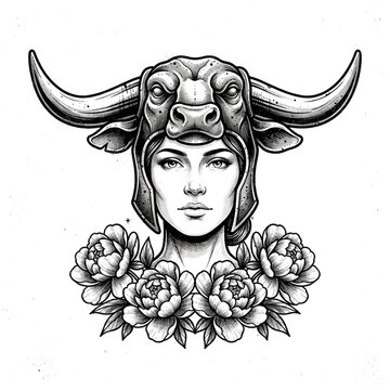 Beautiful woman portrait representing Taurus zodiac sign, monochrome engraving style astrology illustration of female character wearing a bull horn helmet with peonies isolated on white background.