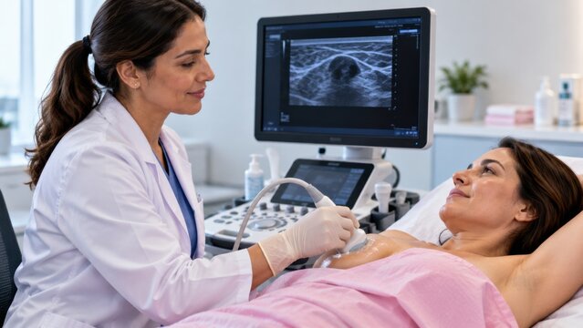 Female doctor performing ultrasound breast screening on female patient lying down in clinical examination room.