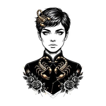 Beautiful woman portrait representing Scorpio zodiac sign, monochrome engraving style astrology illustration with a dangerous scorpion on her neck and orchid flowers isolated on white background.