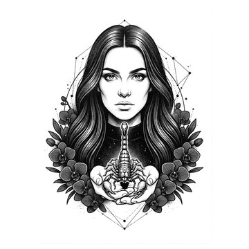 Beautiful woman portrait representing Scorpio zodiac sign, monochrome engraving style astrology illustration with a dangerous scorpion element and dark orchids isolated on white background.
